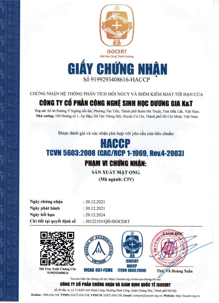 Chung nhan chat luong mat ong luong tu ez của HACCP 1